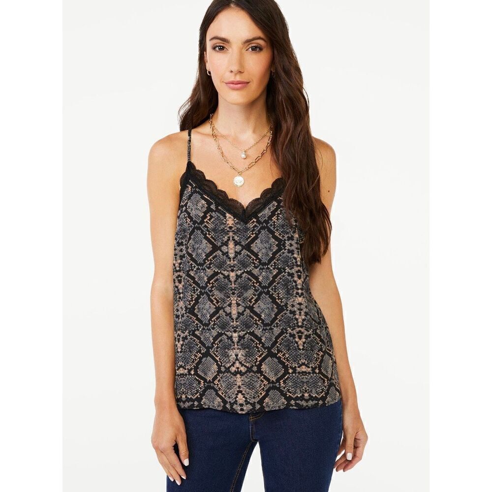 Womens Scoop Animal Print Lace Trim Cami Tank Top - Sz L